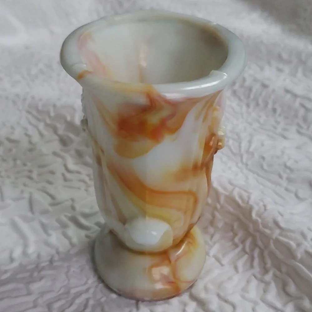 Small Akro Agate Lily Vase White and Orange Slag Depression Glass